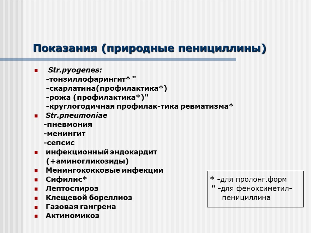 Показания (природные пенициллины) Str.pyogenes: -тонзиллофарингит* 